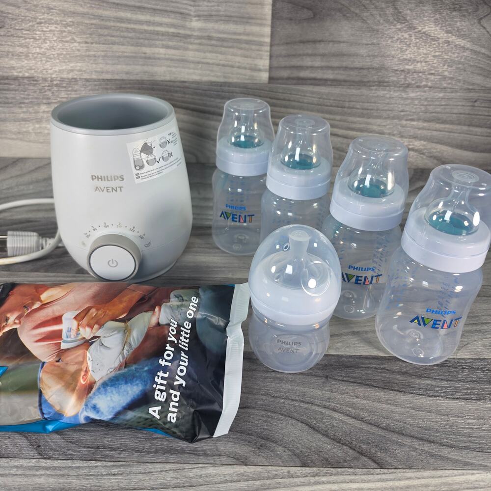 Philips Avent Fast Baby Bottle Warmer & Anti-Colic Bottle Set 6 Bottles NWOB EUC